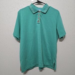 Koret Francisca Embroidered Collar Green Polo Shirt Women’s XL Vintage Style
